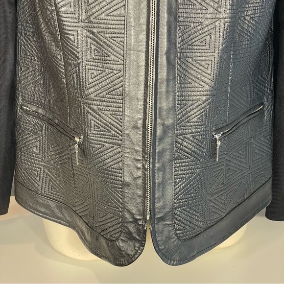 Nygard Collection Sz OX Black Geometric Textured Leather Knit Sleeve Back Jacket - Picture 4 of 11